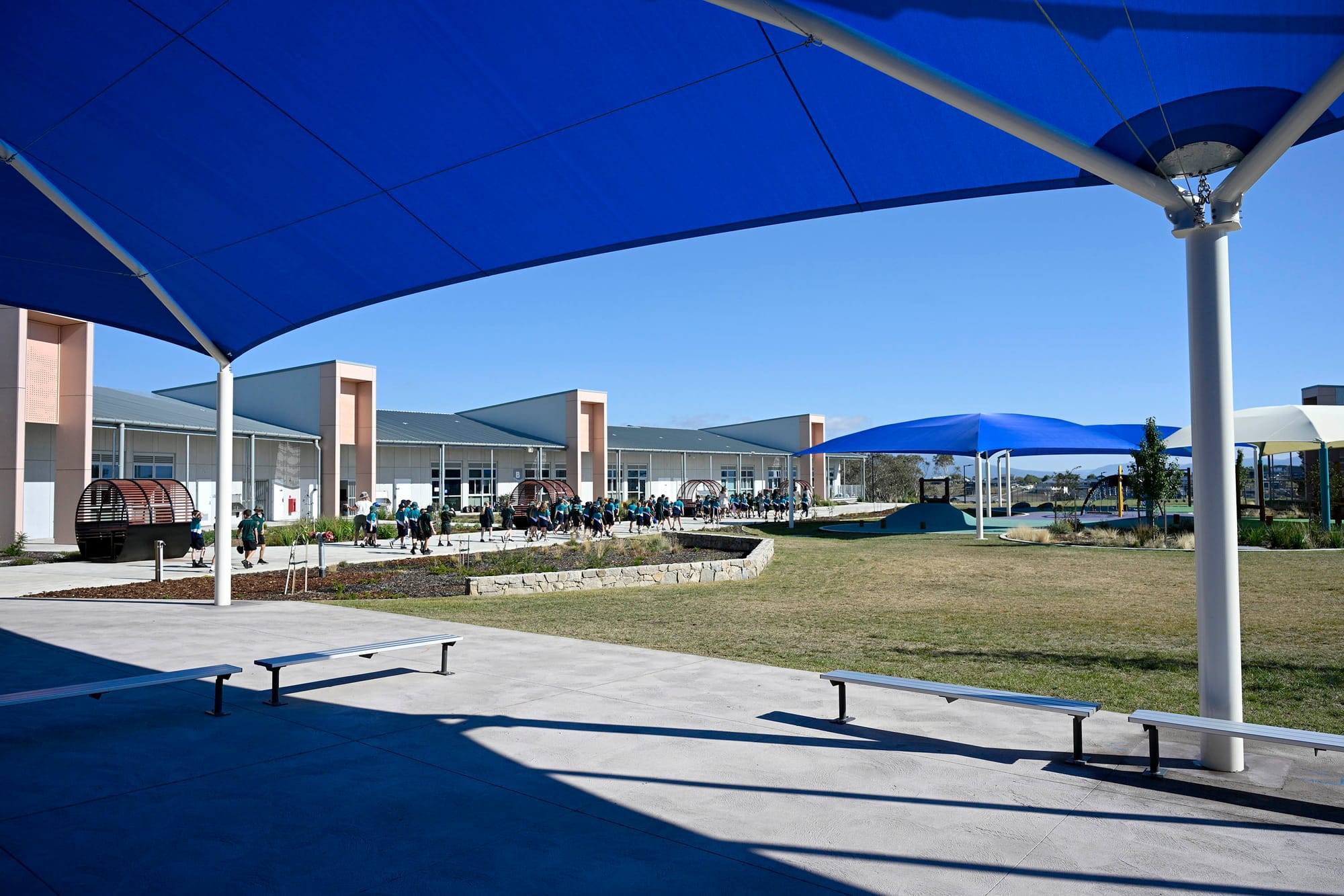 A view from the sheltered area looking to the classrooms.