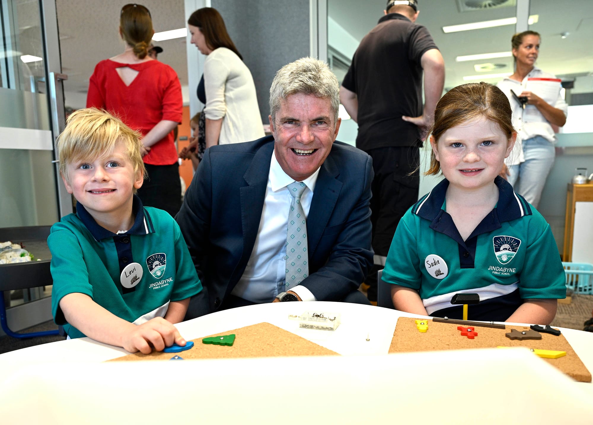 Steve Whan with first day kindergarten kids.