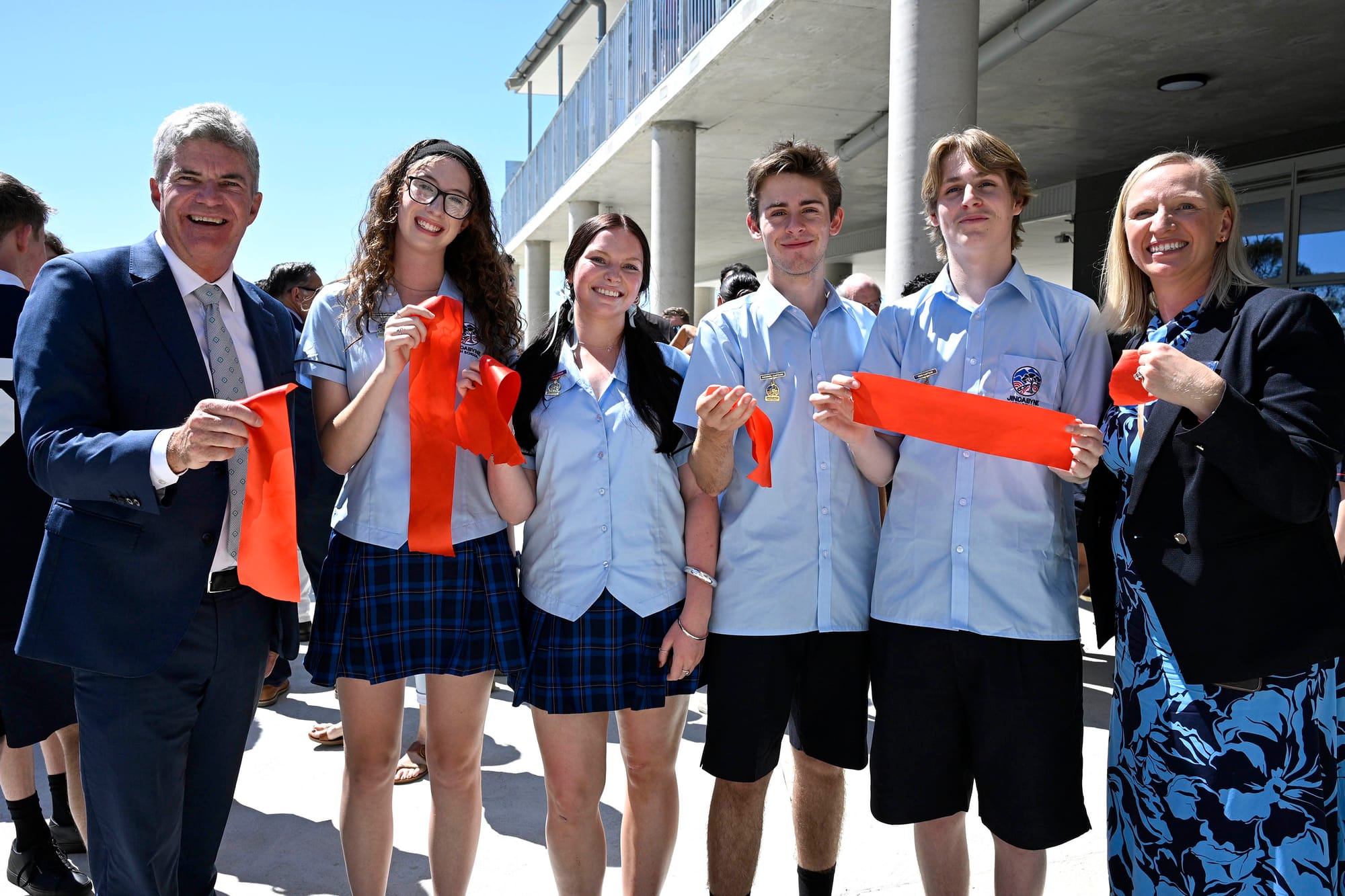 (l to r)  Member for Monaro Steve Whan, Hunter Clark, Poppy Golby, Ryan Anderson, Hugh Cooper and Jindabyne High School principal Kelly Henretty with cuttings from the official opening ribbon.